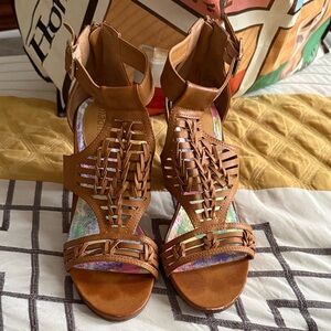 Braided Tan High Heel Sandals with Ankle Strap